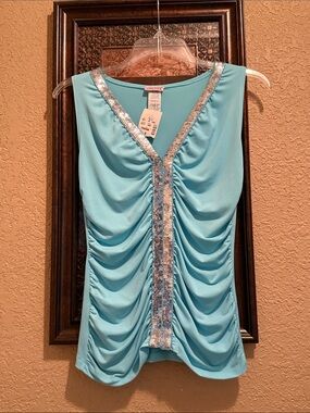 NWT Lipstick Boutique Light Aqua V-Neck Ruched Blouse with Silver Sequin Trim